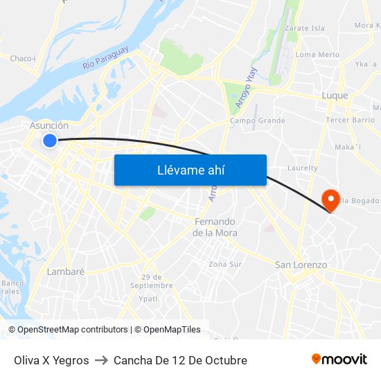 Oliva X Yegros to Cancha De 12 De Octubre map