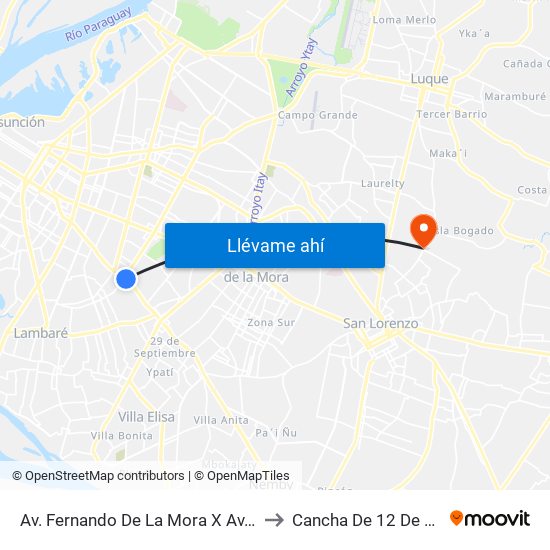 Av. Fernando De La Mora X Av. Argentina to Cancha De 12 De Octubre map