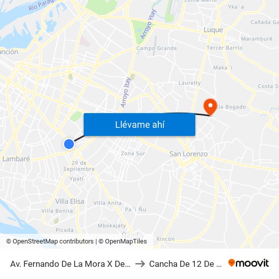 Av. Fernando De La Mora X De La Victoria to Cancha De 12 De Octubre map