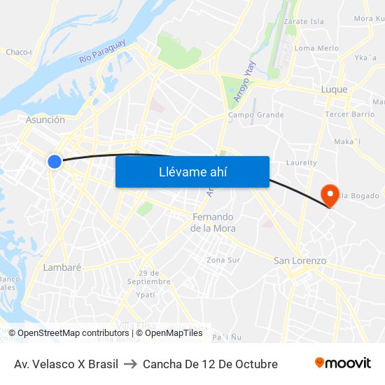 Av. Velasco X Brasil to Cancha De 12 De Octubre map