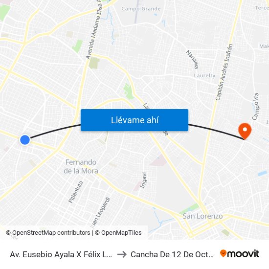 Av. Eusebio Ayala X Félix Lopéz to Cancha De 12 De Octubre map