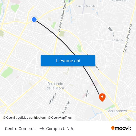 Centro Comercial to Campus U.N.A. map