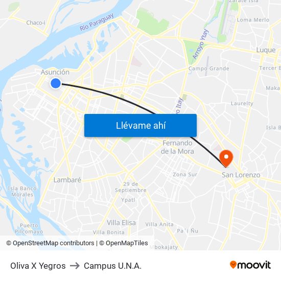 Oliva X Yegros to Campus U.N.A. map
