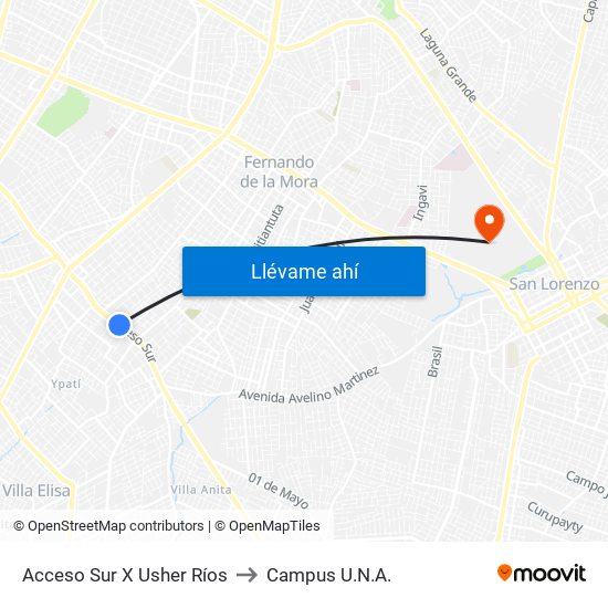 Acceso Sur X Usher Ríos to Campus U.N.A. map