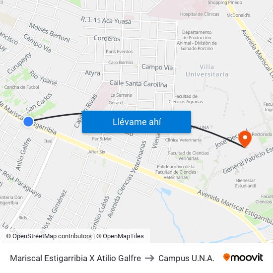 Mariscal Estigarribia X Atilio Galfre to Campus U.N.A. map