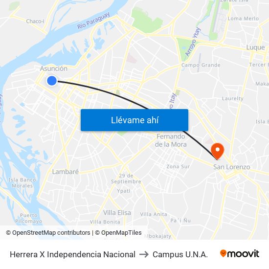 Herrera X Independencia Nacional to Campus U.N.A. map