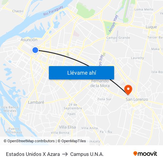 Estados Unidos X Azara to Campus U.N.A. map