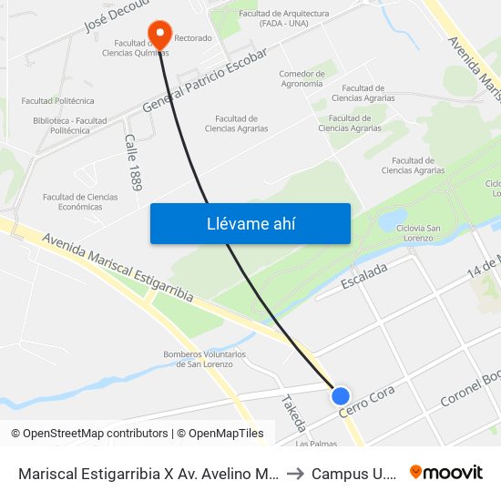Mariscal Estigarribia X Av. Avelino Martínez to Campus U.N.A. map