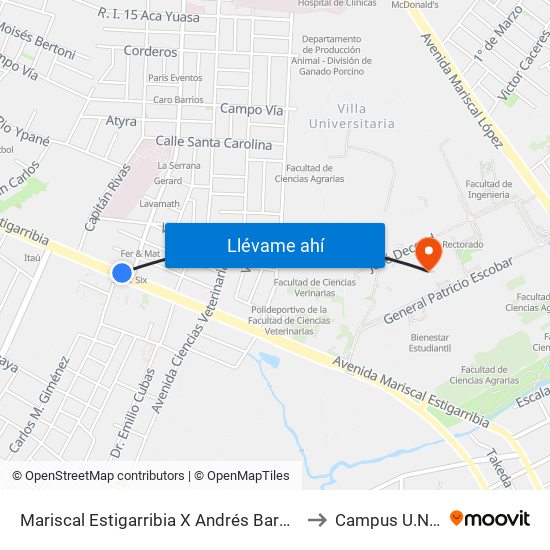 Mariscal Estigarribia X Andrés Barbero to Campus U.N.A. map