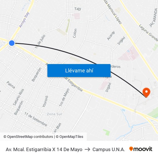 Av. Mcal. Estigarribia X 14 De Mayo to Campus U.N.A. map