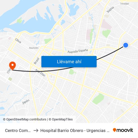 Centro Comercial to Hospital Barrio Obrero - Urgencias Pediatricas map