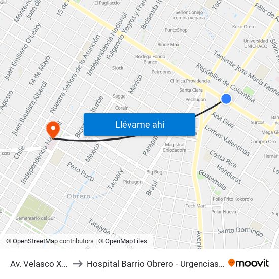 Av. Velasco X Brasil to Hospital Barrio Obrero - Urgencias Pediatricas map