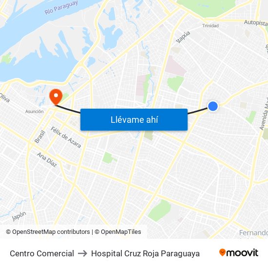 Centro Comercial to Hospital Cruz Roja Paraguaya map