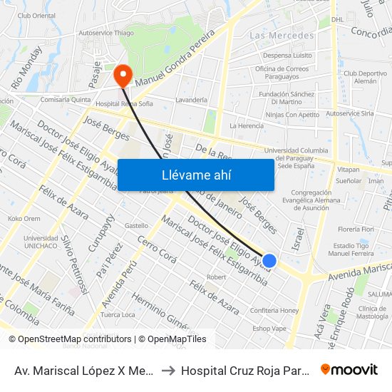Av. Mariscal López X Melgarejo to Hospital Cruz Roja Paraguaya map