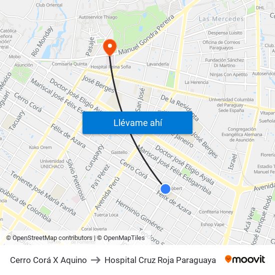Cerro Corá X Aquino to Hospital Cruz Roja Paraguaya map