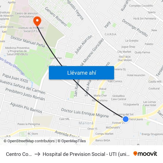 Centro Comercial to Hospital de Prevision Social - UTI (unidad terapia intensiva) map