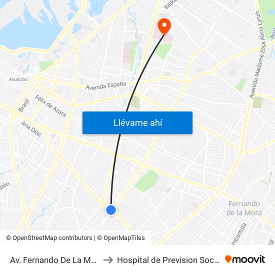 Av. Fernando De La Mora X Av. República Argentina to Hospital de Prevision Social - UTI (unidad terapia intensiva) map