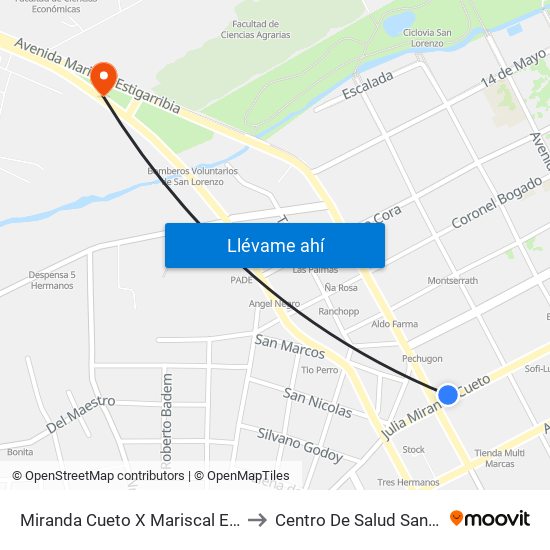 Miranda Cueto X Mariscal Estigarribia to Centro De Salud San Antonio map