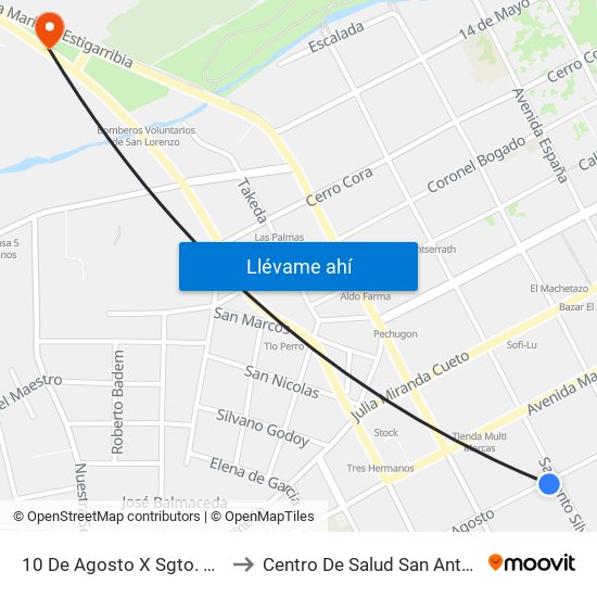 10 De Agosto X Sgto. Silva to Centro De Salud San Antonio map