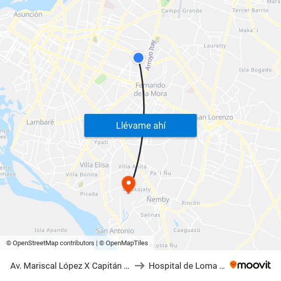Av. Mariscal López X Capitán Bueno to Hospital de Loma Pyta map