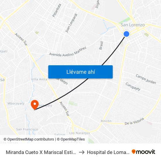 Miranda Cueto X Mariscal Estigarribia to Hospital de Loma Pyta map