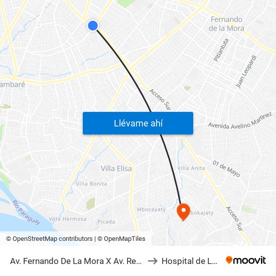 Av. Fernando De La Mora X Av. República Argentina to Hospital de Loma Pyta map