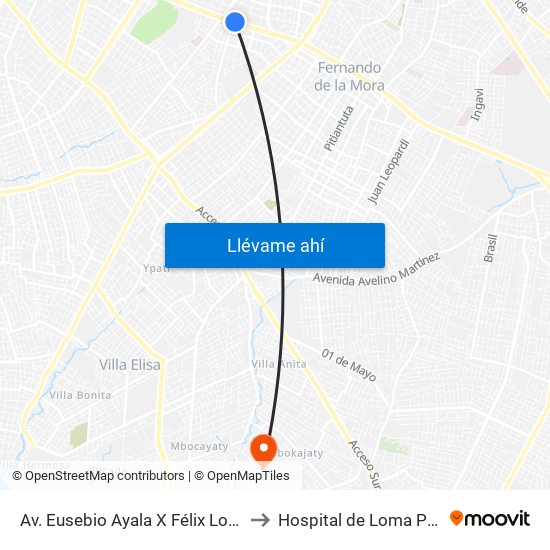 Av. Eusebio Ayala X Félix Lopéz to Hospital de Loma Pyta map