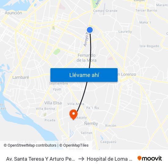 Av. Santa Teresa Y Arturo Pereira to Hospital de Loma Pyta map