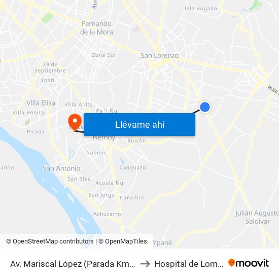 Av. Mariscal López (Parada Km. 17 (1/2)) to Hospital de Loma Pyta map