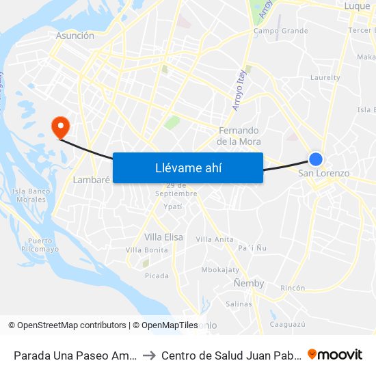 Parada Una Paseo Amelia to Centro de Salud Juan Pablo II map