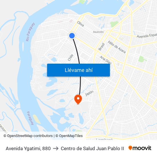 Avenida Ygatimi, 880 to Centro de Salud Juan Pablo II map