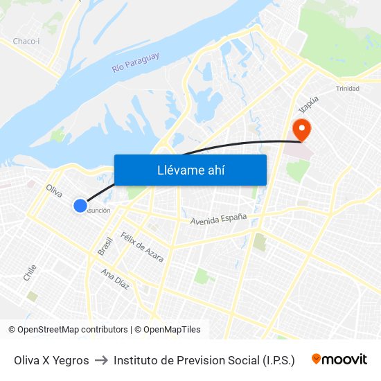 Oliva X Yegros to Instituto de Prevision Social (I.P.S.) map