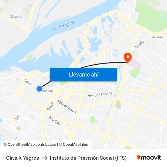 Oliva X Yegros to Instituto de Previsión Social (IPS) map