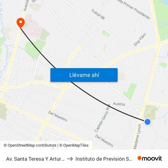 Av. Santa Teresa Y Arturo Pereira to Instituto de Previsión Social (IPS) map