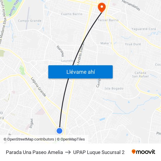 Parada Una Paseo Amelia to UPAP Luque Sucursal 2 map