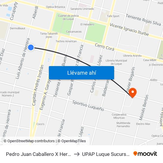 Pedro Juan Caballero X Herrera to UPAP Luque Sucursal 2 map