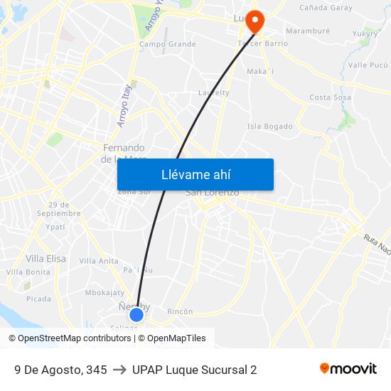 9 De Agosto, 345 to UPAP Luque Sucursal 2 map