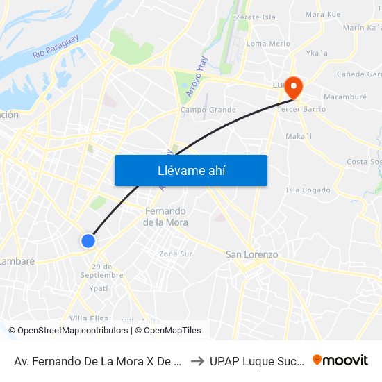 Av. Fernando De La Mora X De La Victoria to UPAP Luque Sucursal 2 map