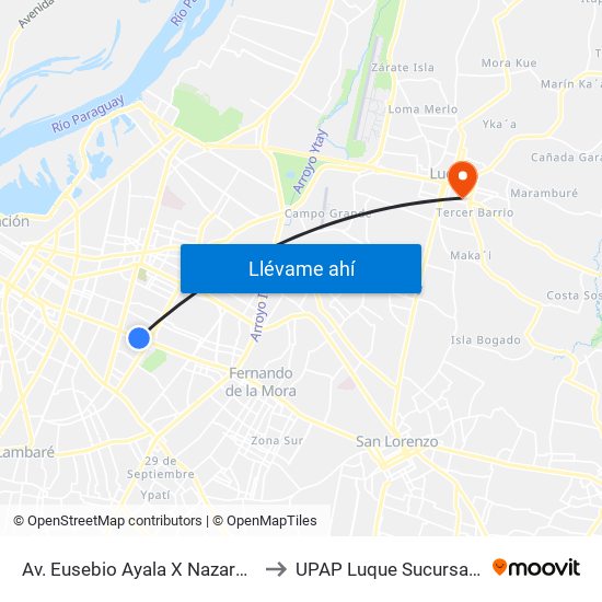 Av. Eusebio Ayala X Nazareth to UPAP Luque Sucursal 2 map