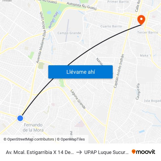 Av. Mcal. Estigarribia X 14 De Mayo to UPAP Luque Sucursal 2 map