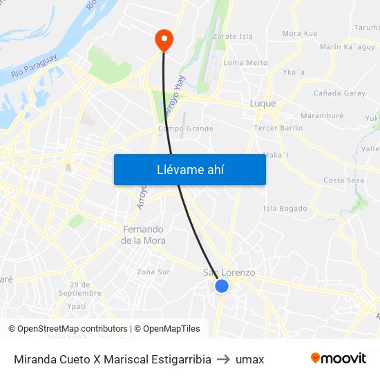 Miranda Cueto X Mariscal Estigarribia to umax map