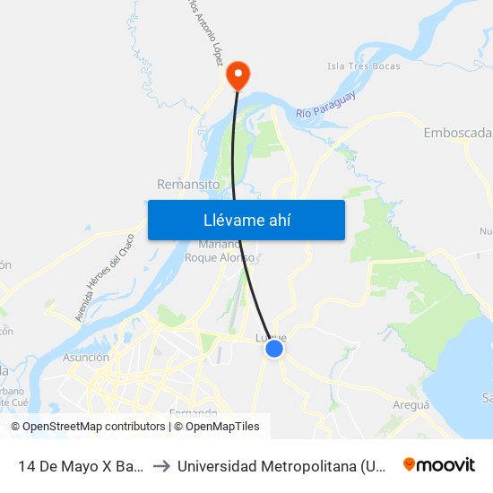 14 De Mayo X Balderrama to Universidad Metropolitana (UMA) villa Hayes map