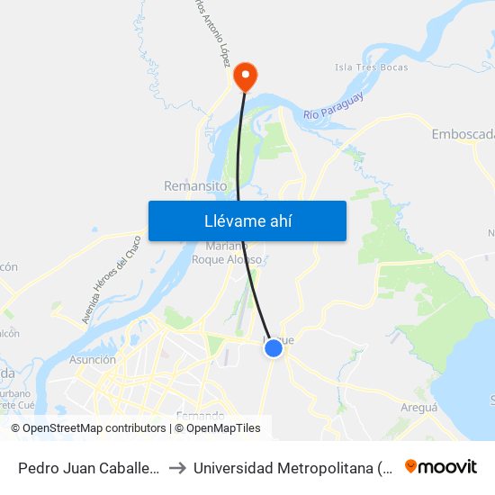 Pedro Juan Caballero X Herrera to Universidad Metropolitana (UMA) villa Hayes map