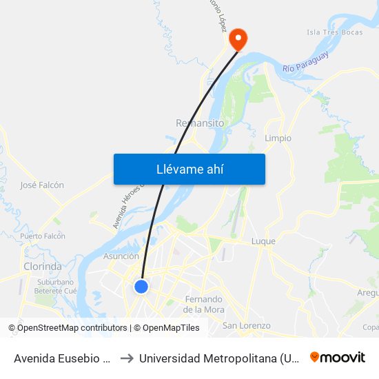 Avenida Eusebio Ayala, 803 to Universidad Metropolitana (UMA) villa Hayes map