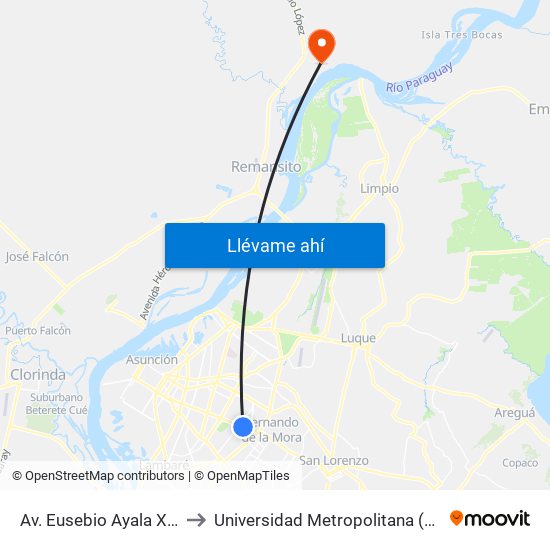 Av. Eusebio Ayala X Félix Lopéz to Universidad Metropolitana (UMA) villa Hayes map