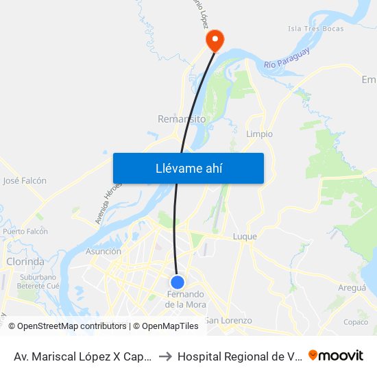 Av. Mariscal López X Capitán Bueno to Hospital Regional de Villa Hayes map