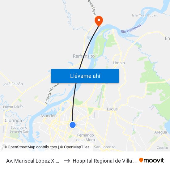 Av. Mariscal López X Bulnes to Hospital Regional de Villa Hayes map