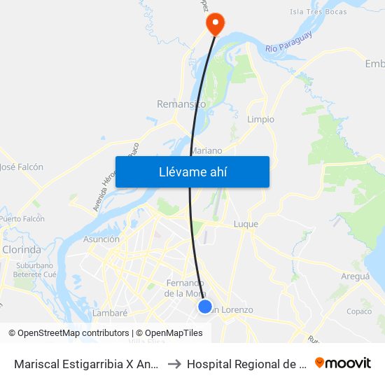 Mariscal Estigarribia X Andrés Barbero to Hospital Regional de Villa Hayes map