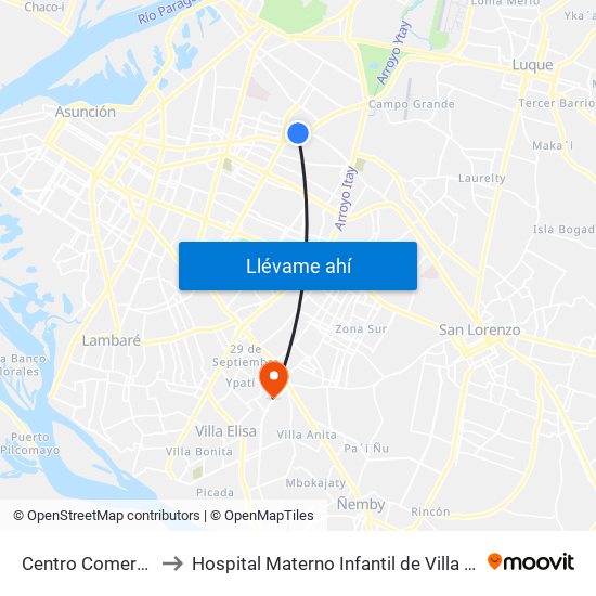 Centro Comercial to Hospital Materno Infantil de Villa Elisa map