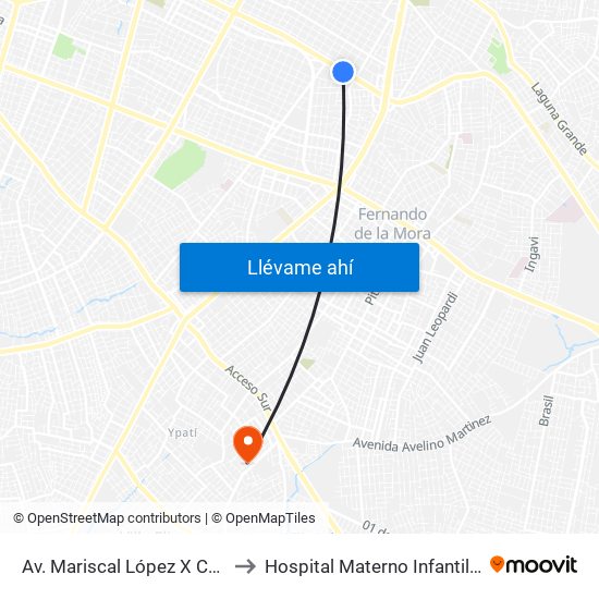 Av. Mariscal López X Capitán Bueno to Hospital Materno Infantil de Villa Elisa map